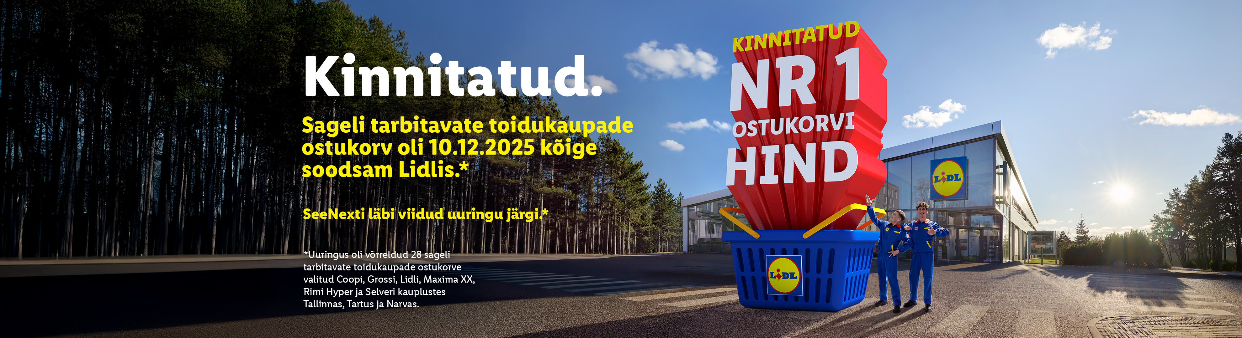 Lidli reklaam, mis kuulutab, et nende ostukorv oli 10.12.2025 kõige soodsam, koos kahe töötajaga.