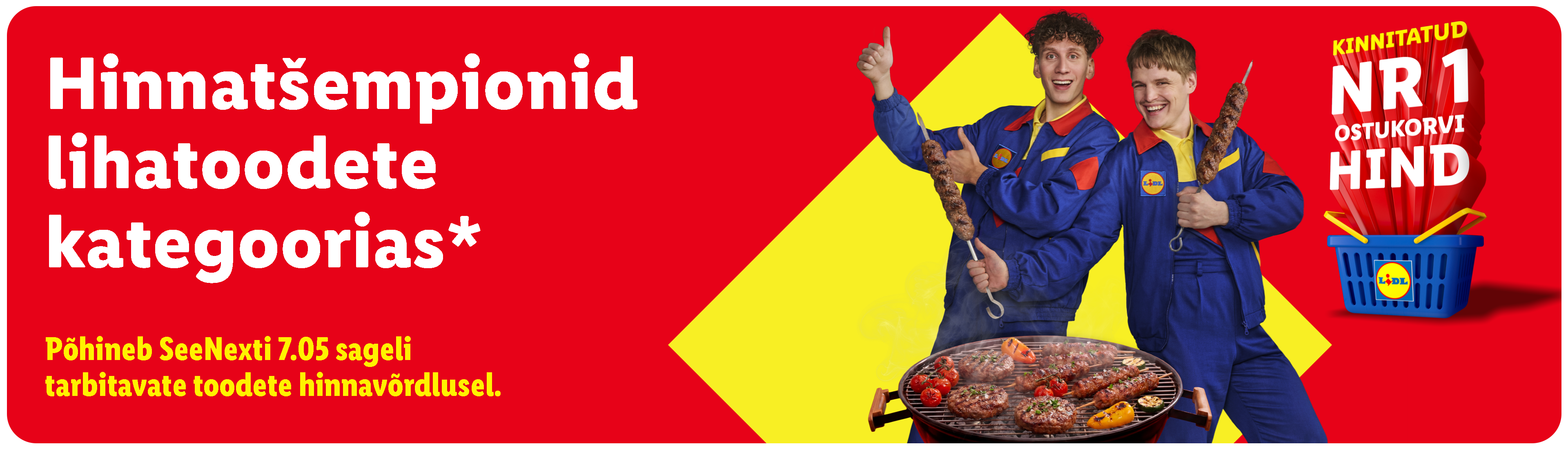 Kaks meest vormiriietuses grillivad liha ja köögivilju, reklaamides madalaid hindu lihatoodetele.