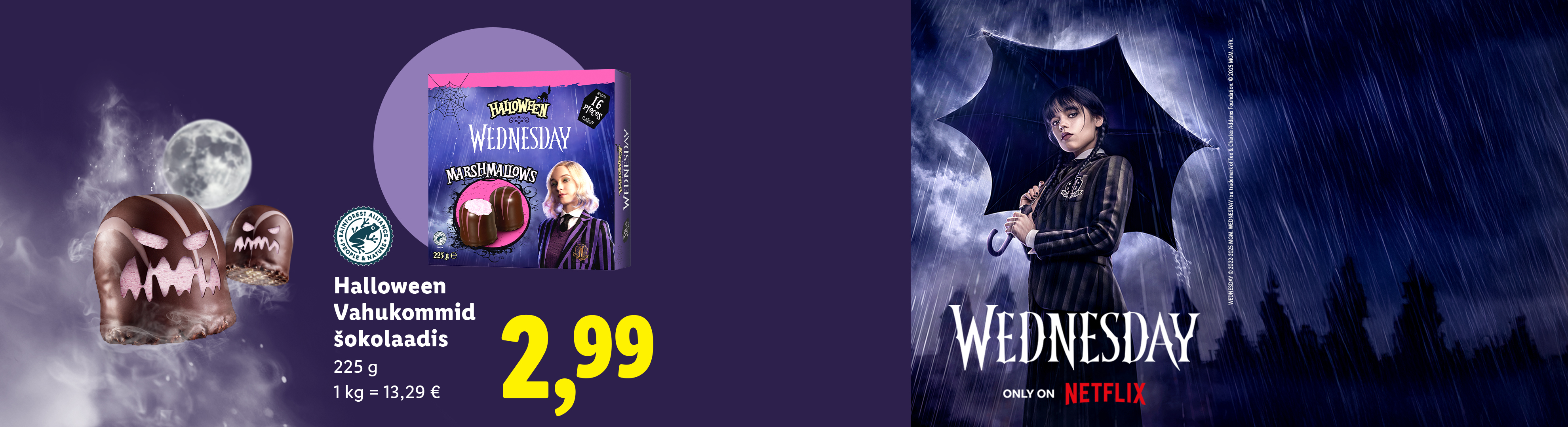 Wednesday, Halloween, vahukommid šokolaadis, hind 2,99 €, 225 g, 1 kg = 13,29 €