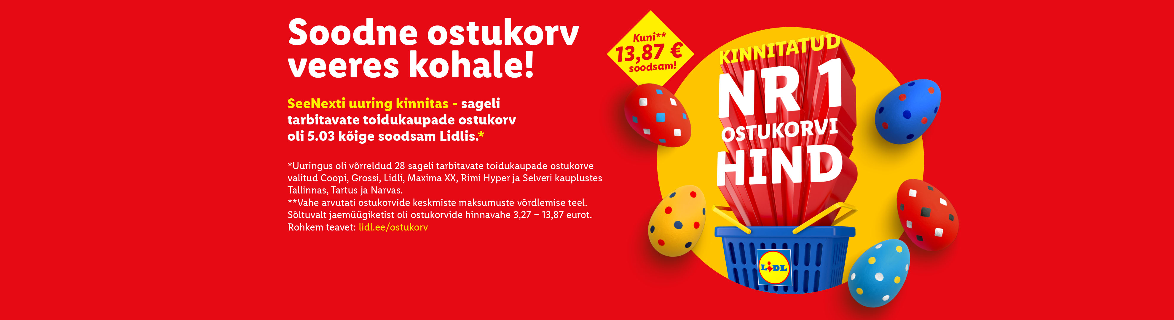 Punane taust tekstiga soodsast ostukorvist ja sinine ostukorv lihavõttemunadega.