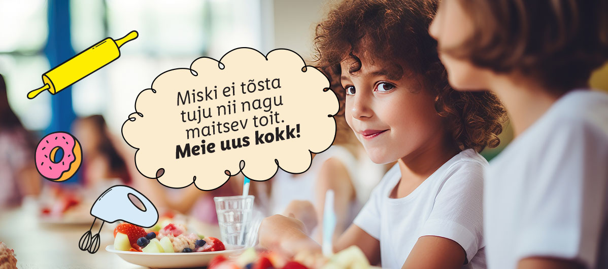 Lapsed söövad puuvilju ja maiustusi; joonised taignarull ja mikserist.