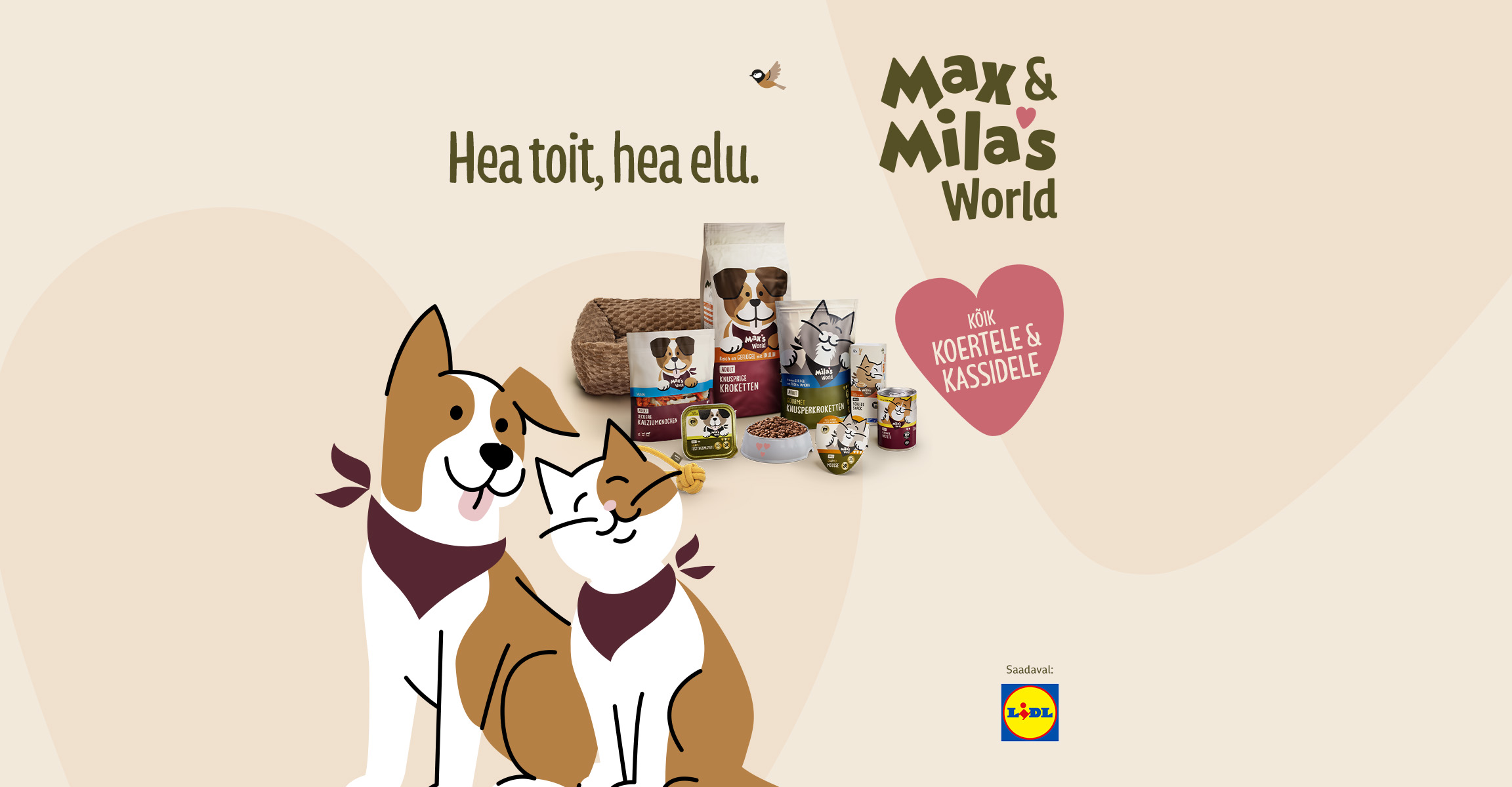 Lemmikloomatoit ja tarvikud koertele ning kassidele, tekstiga 'Hea toit, hea elu.'