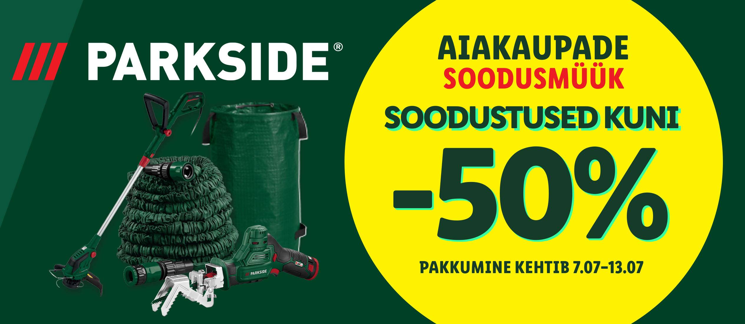 Parkside: Aiavahendite soodusmüük! 50% allahindlust (niiduk, voolik, kott).