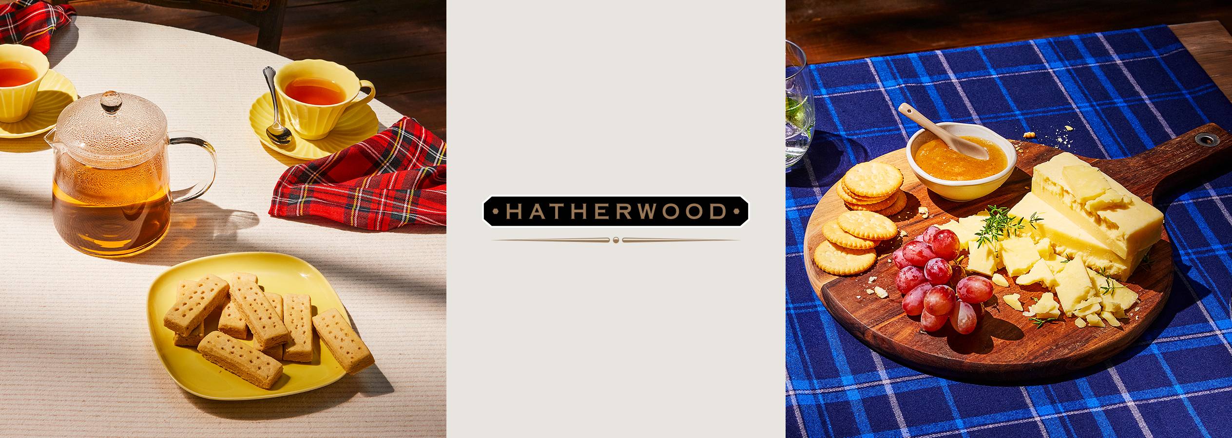Teekomplekt, küpsised ja juustulaud Hatherwoodi logoga.