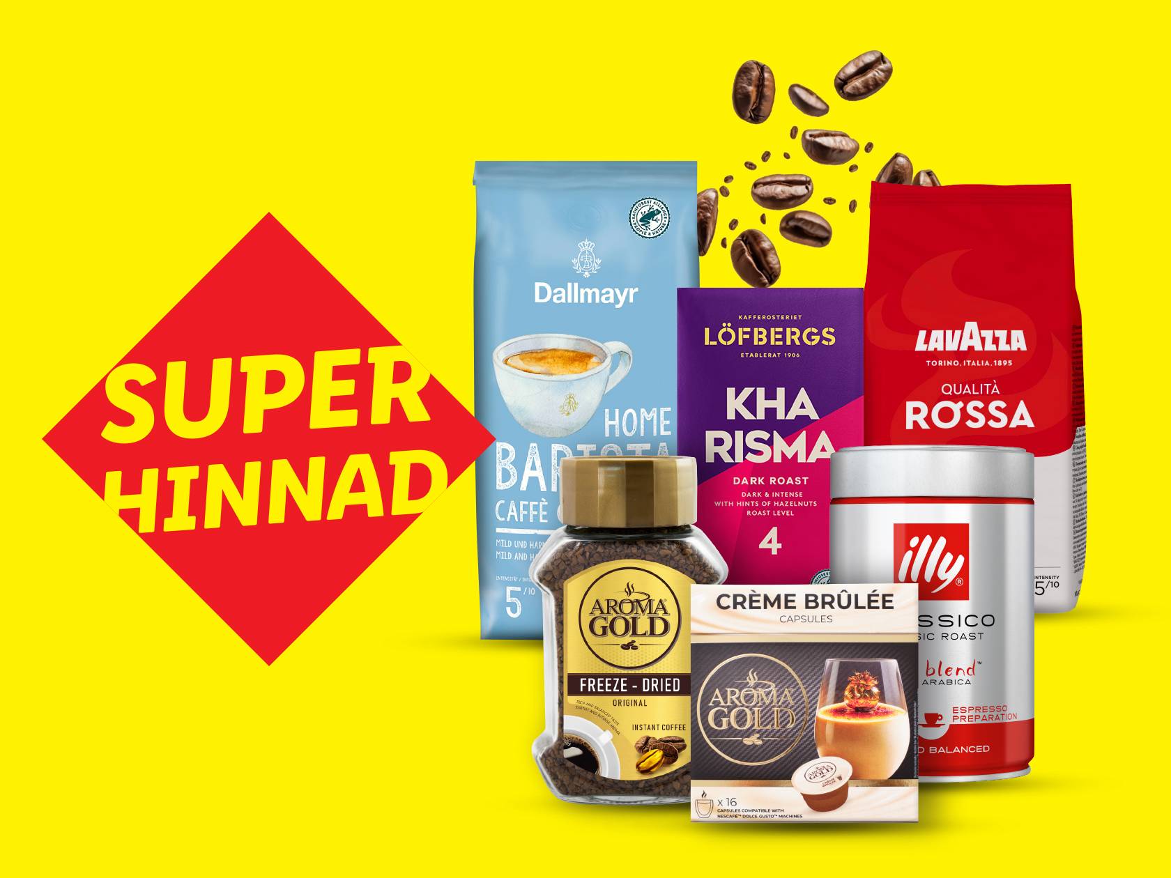 Erinevad kohvibrändid, sealhulgas Dallmayr, Löfbergs, Lavazza, Illy ja Aroma Gold, kollasel taustal.