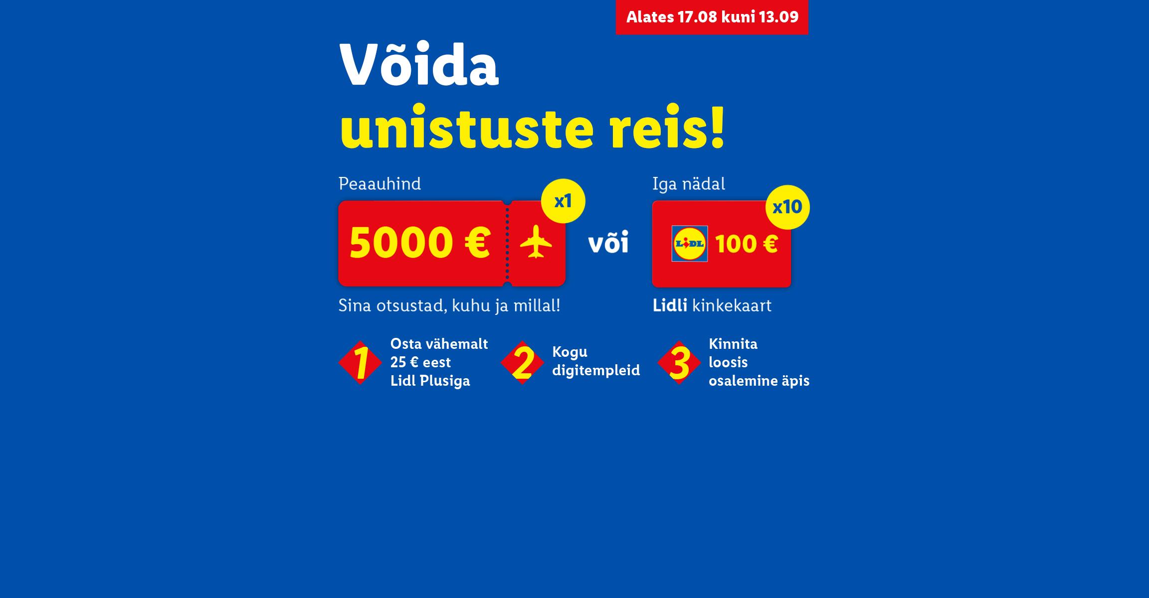 Pere lõbustuspargis, sinisel taustal tekst 'Võida unistuste reis!' ja pakkumised 5000 € või 100 € kinkekaart.