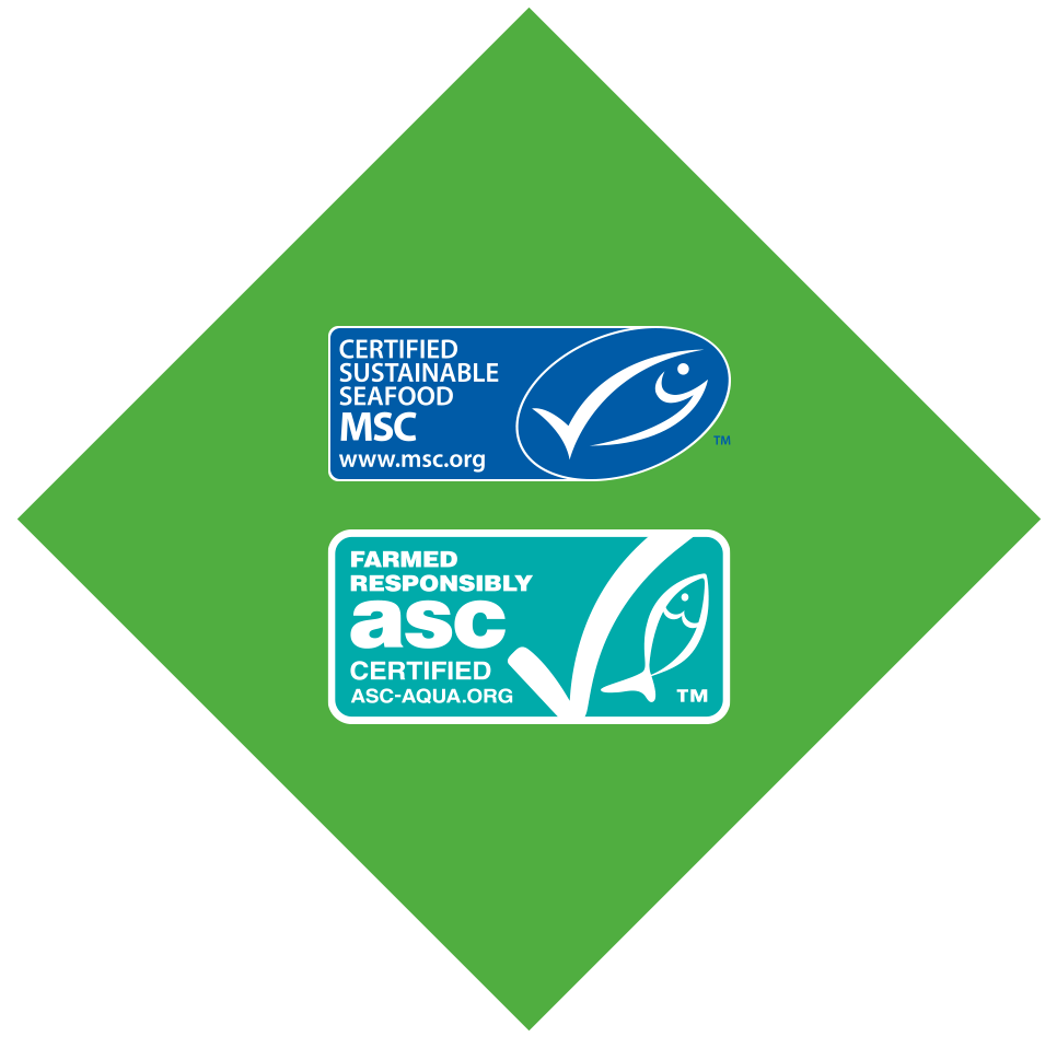 MSC ja ASC logod, mis kinnitavad säästva ja vastutustundliku kalapüügi.