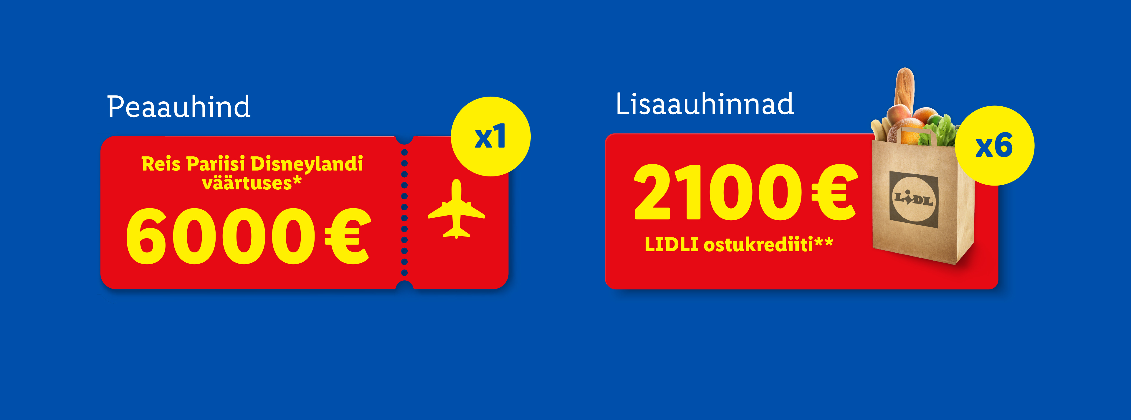 Pariisi Disneyland'i reis väärtuses 6000 € ja 6 x Lidl ostukrediiti väärtuses 2100 €.