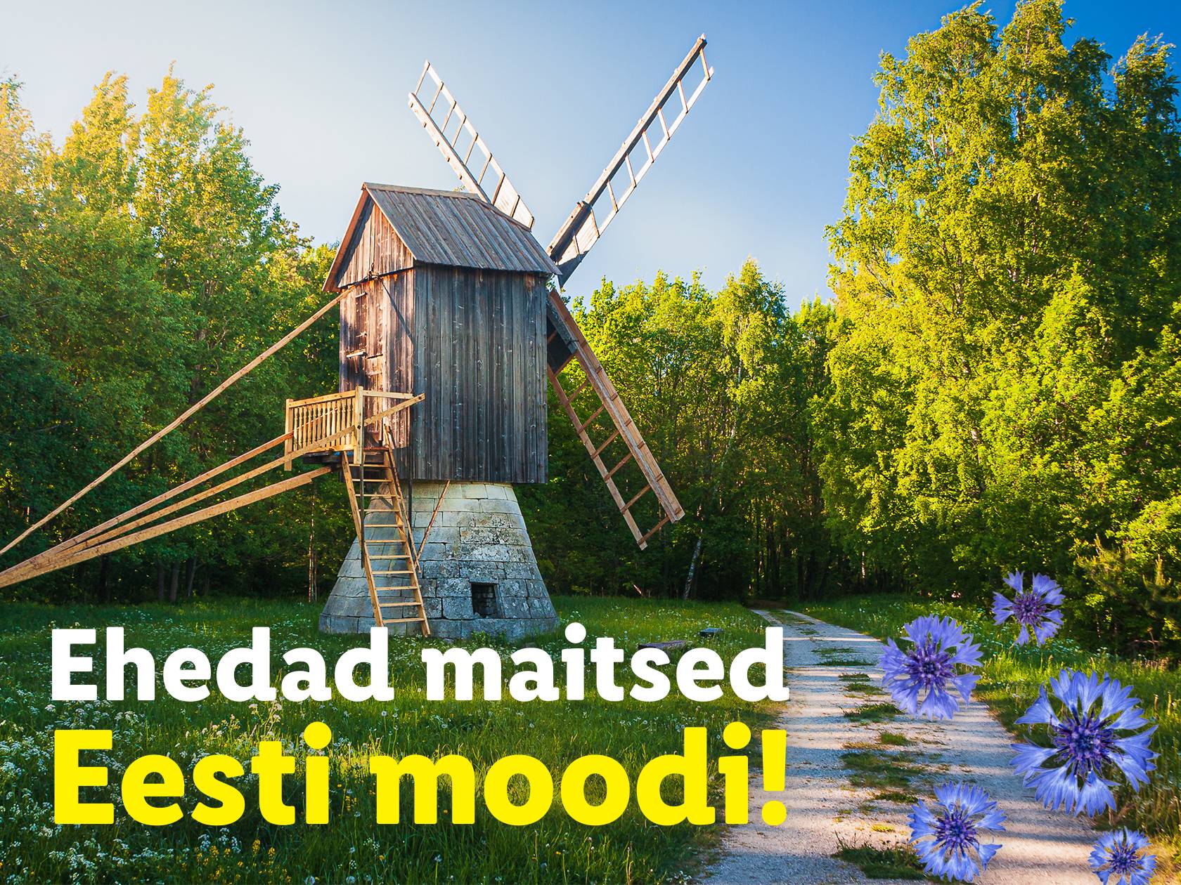 Veski rohelise maastiku ja siniste rukkililledega, tekstiga 'Ehedad maitsed Estonian moodi!'