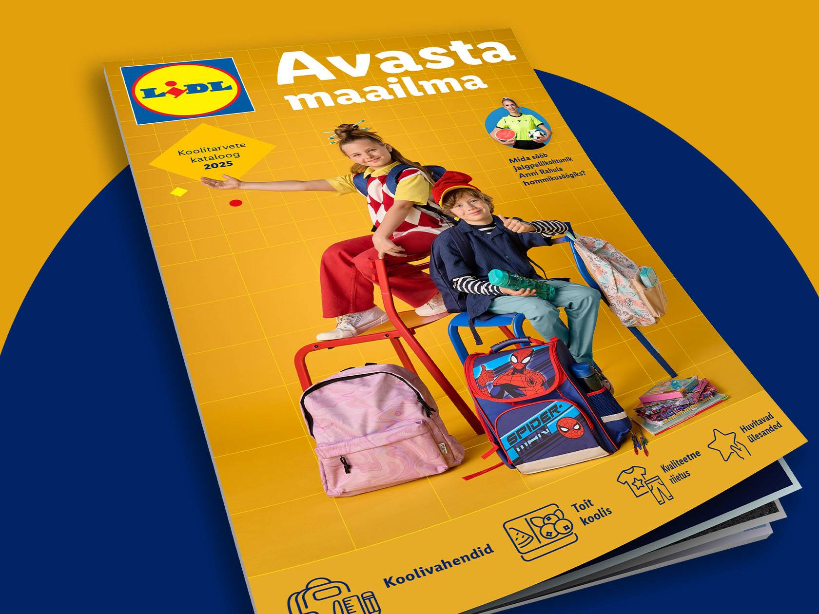 Каталог школьных принадлежностей Lidl 2025 года с детьми и рюкзаками Spider-Man.