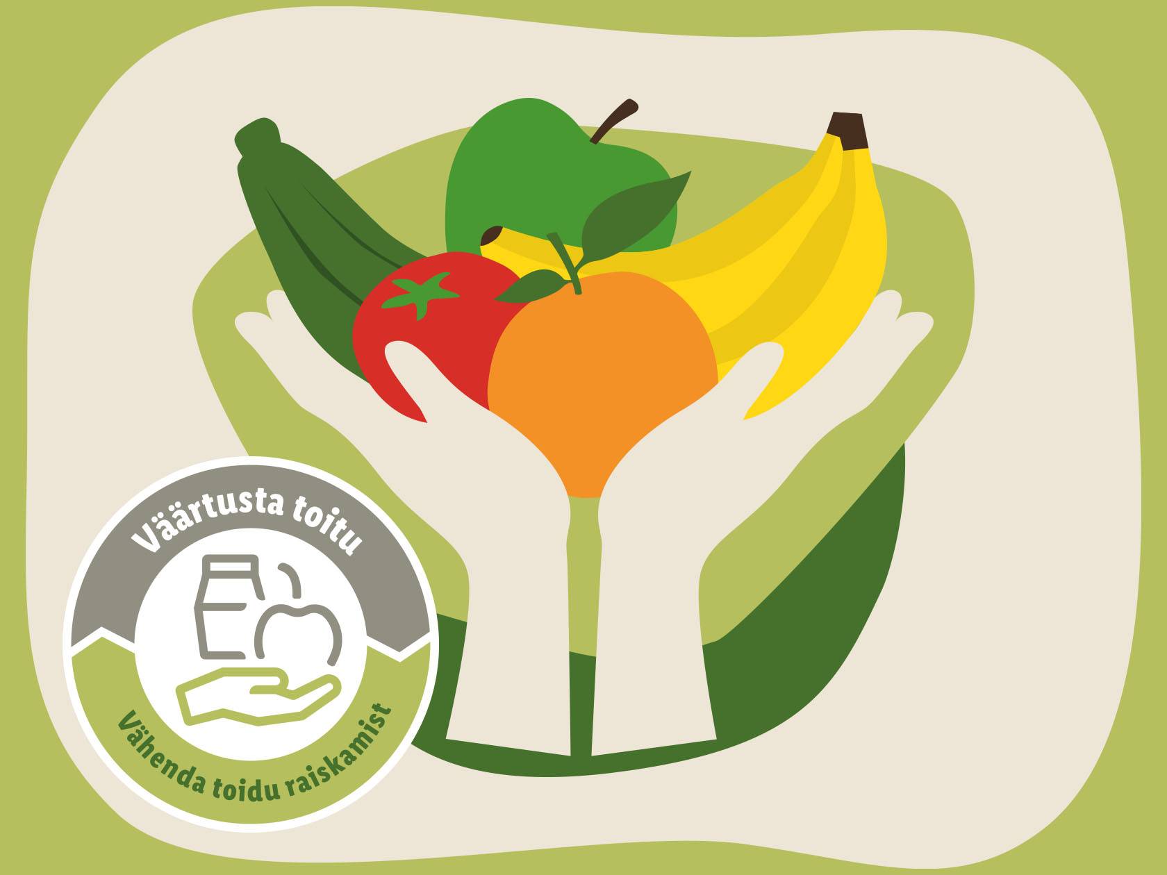 Руки держат фрукты и овощи: огурец, помидор, яблоко, апельсин, бананы. Текст: «Цените еду, сокращайте пищевые отходы».