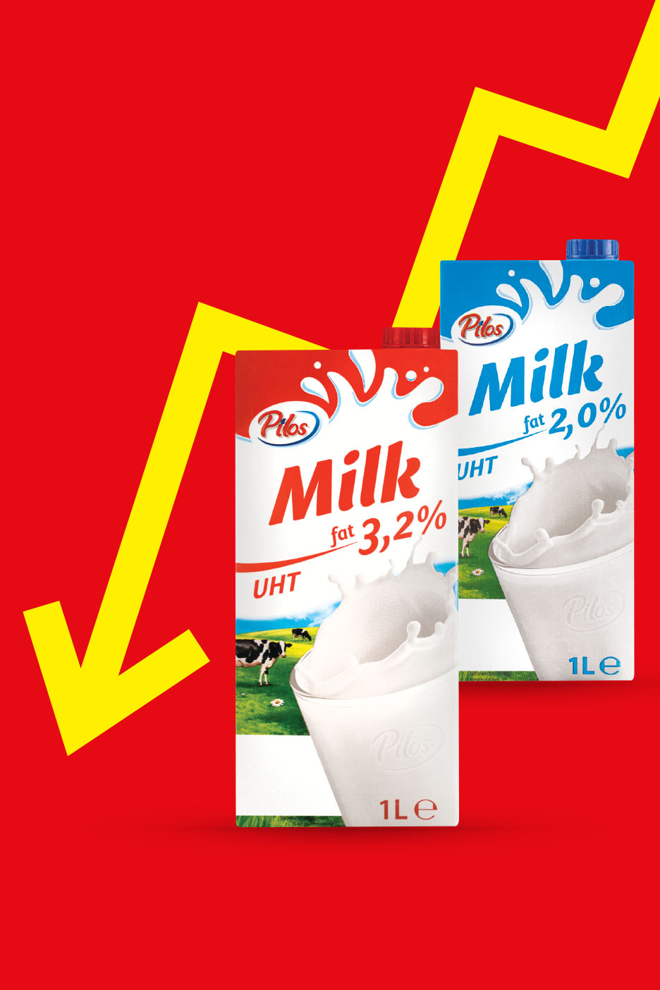 Kaks Pilos piimapakki (3,2% ja 2,0% rasvasisaldusega) punasel taustal, kollase noolega.