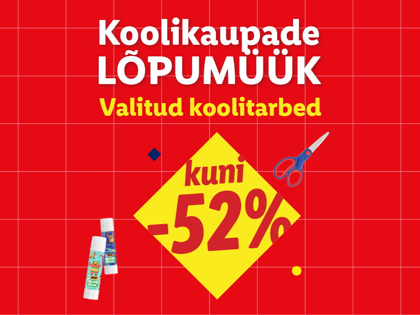 Koolikaupade lõpumüük kuni 52% soodustusega, kujutatud liimi ja kääridega.