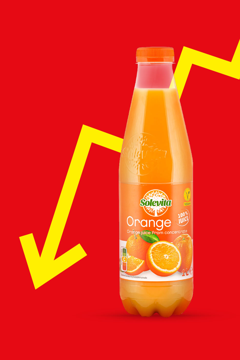 Pudel Solevita apelsinimahla punasel taustal kollase noolega