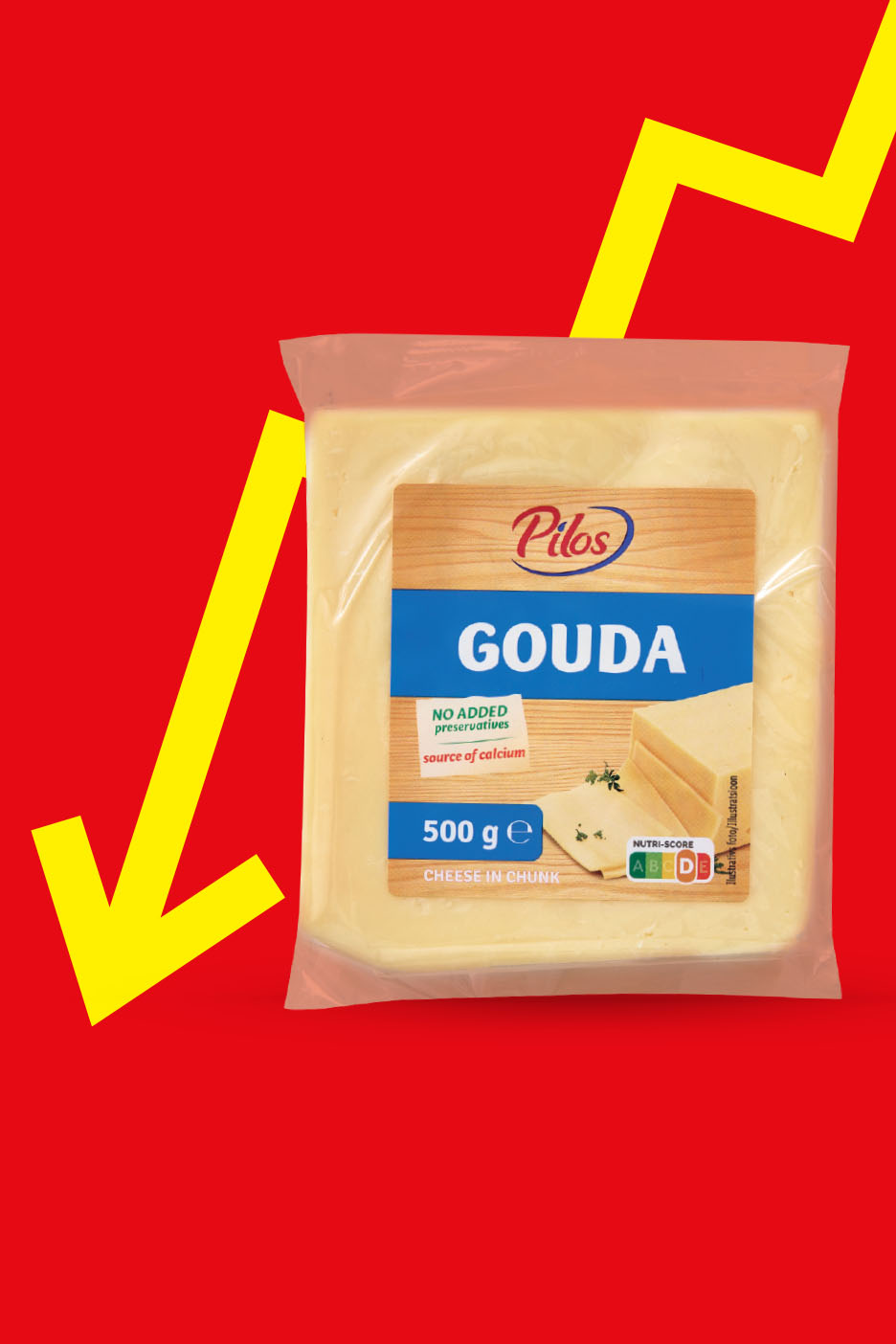 Pilos Gouda juustupakk 500 g punasel taustal kollaste nooltega.