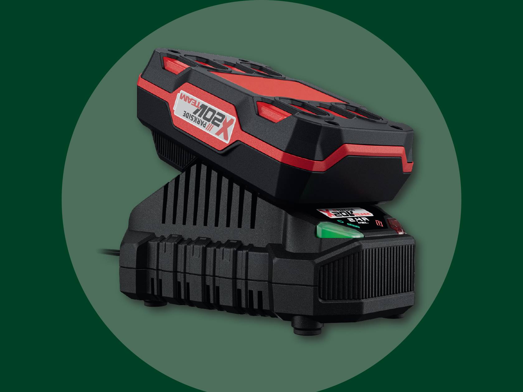 Зарядное устройство Parkside X 20V Team с аккумулятором на темно-зеленом фоне.